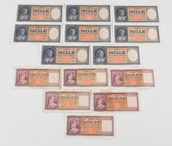 Lotto 8 banconote 1.000 Lire Italia ornata di perle: 1 Decreto 14 e 16 agosto 1947 Einaudi (20 marzo e 15 marzo 1947); 7 Decreto 14 agosto 1947 Carli (23 settembre e 14 settembre 1961). E 6 banconote 500 Lire Italia ornata di spighe: 1 Decreto 14 e 18 agosto 1947 Einaudi (20 e 15 marzo 1947); 5 Decreto 14 agosto 1947 Carli (23 marzo 1961 9 febbraio 1948). Più altre 16 banconote Vittorio Emanuele III, Luogotenenza e Occupazioni militari in Italia