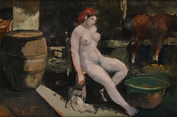 Contadina che fa il bagno nella stalla