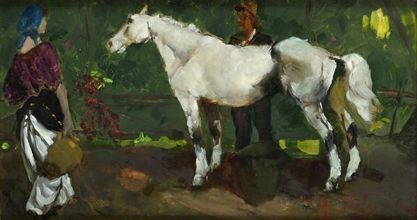 Coppia di contadini in sosta con un cavallo bianco 