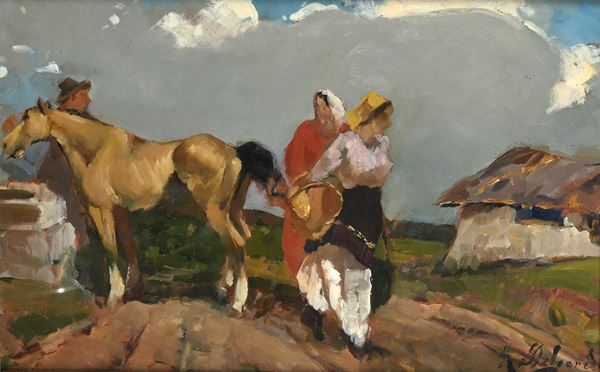 contadini in campagna con cavallo all'abbeveratoio