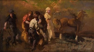 Lavoro in campagna, olio su masonite