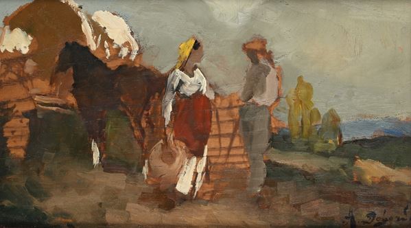 Sosta di contadini con cavallo all'abbeveratoio