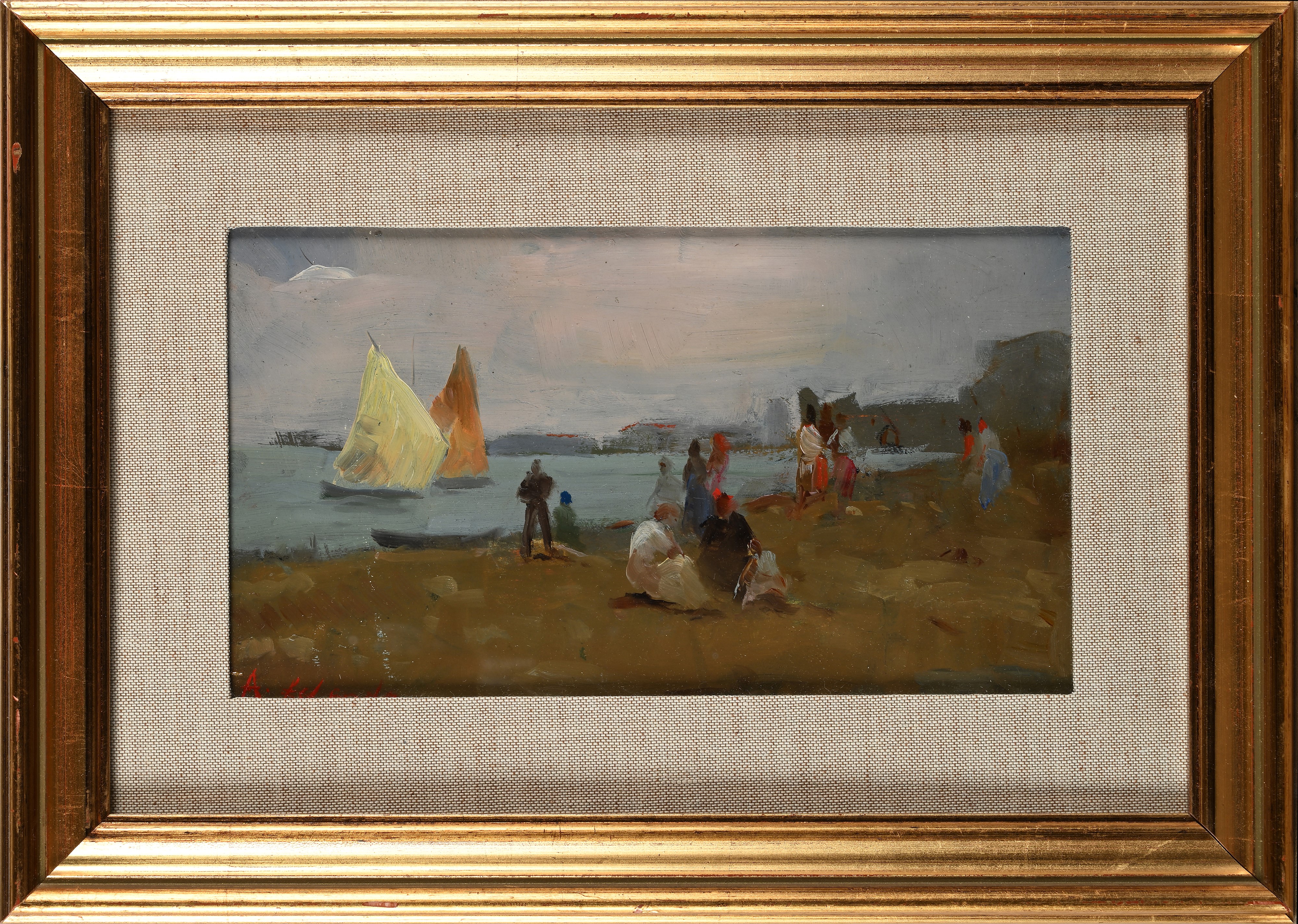 Alfredo del Sordo - Spiaggia di una Città Costiera con Figure e Vele in Mare.