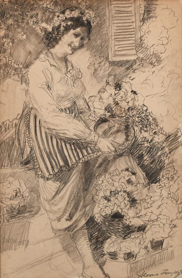 donna tra i vasi di fiori