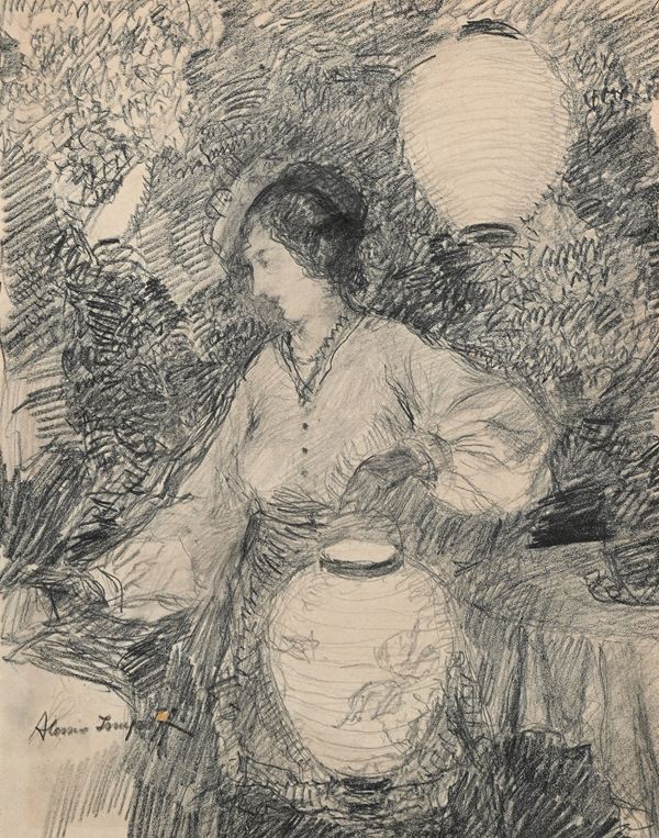 Giovane donna tra le lanterne luminose