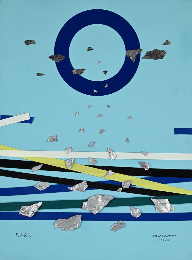 Bruno Mancinotti - Senza titolo (collage di carta dipinta e terracotta argentata), 1970