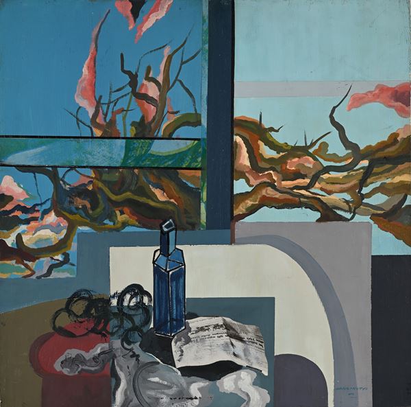 Bruno Mancinotti - Natura MOrta con bottiglia e giornale