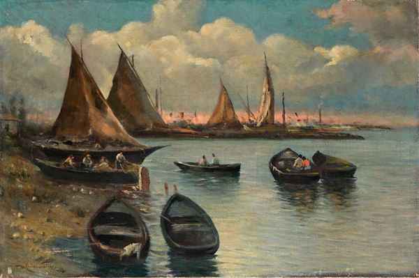 Approdo con barche e pescatori