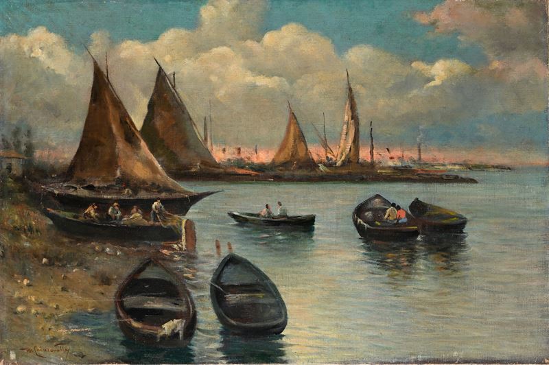 Scuola Napoletana del XX Secolo - Approdo con Barche e Pescatori