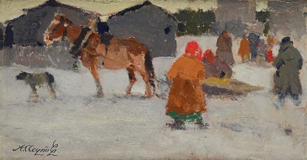 Scena di vita nel villaggio innevato