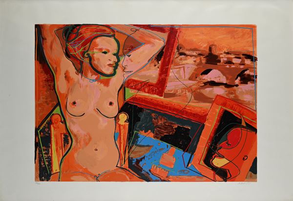 Ugo Attardi - Nudo di donna alla finestra con veduta di Roma