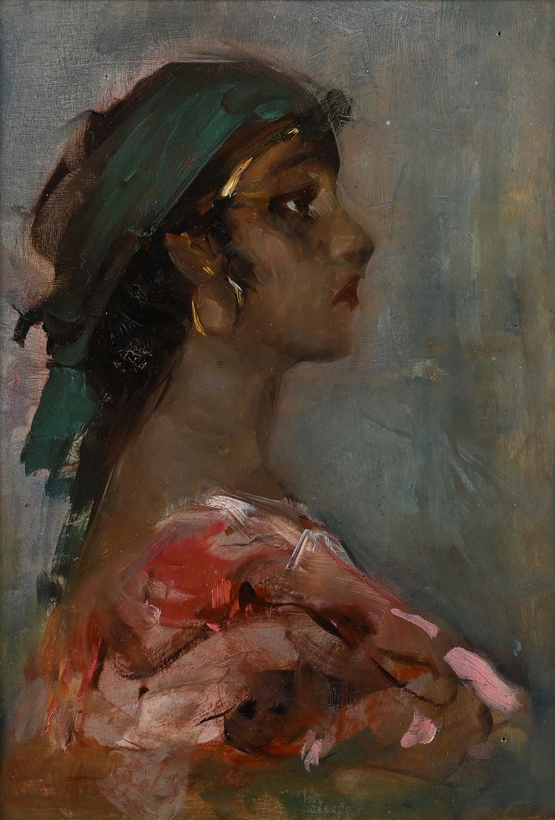 Alfredo del Sordo - Ritratto di Ragazza di Profilo con Camicia Rosa