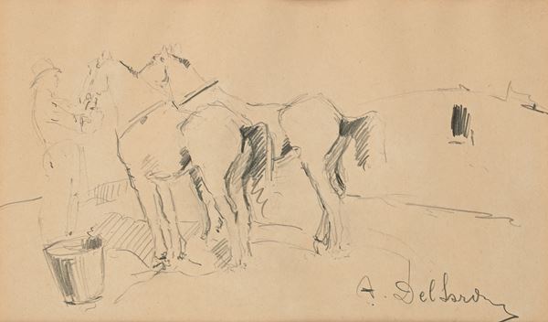 Contadino e due cavalli in campagna