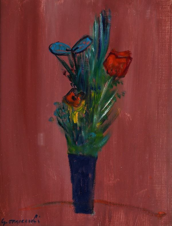 Giovanni Omiccioli - Vaso di fiori si fondo rosso