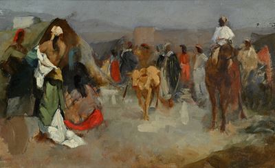 Scena di vita nei pressi delle mura di una città araba, olio su tela