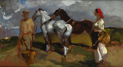 Coppia di contadini in sosta con due cavalli, olio su masonite