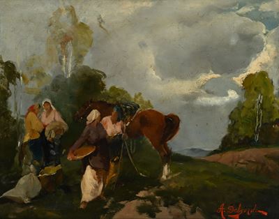 Sosta di contadine in campagna, olio su masonite