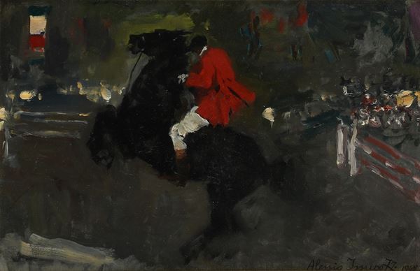 Cavaliere con cavallo impennato alla riunione ippica internazionale di Roma nel 1948.