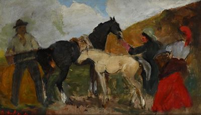 Contadini con cavallo e puledro bianco, olio su masonite
