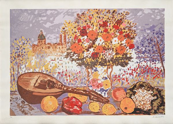 Natura morta con vaso di fiori e mandolino 