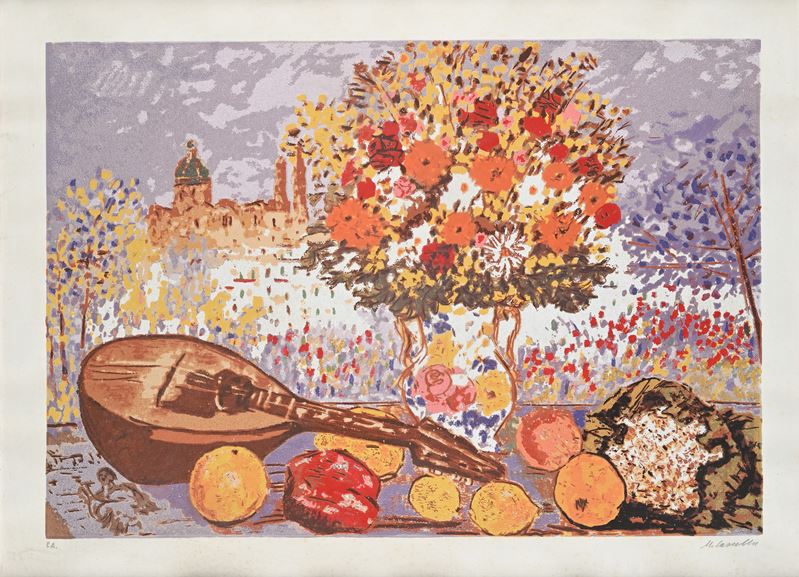 Natura morta con vaso di fiori e mandolino