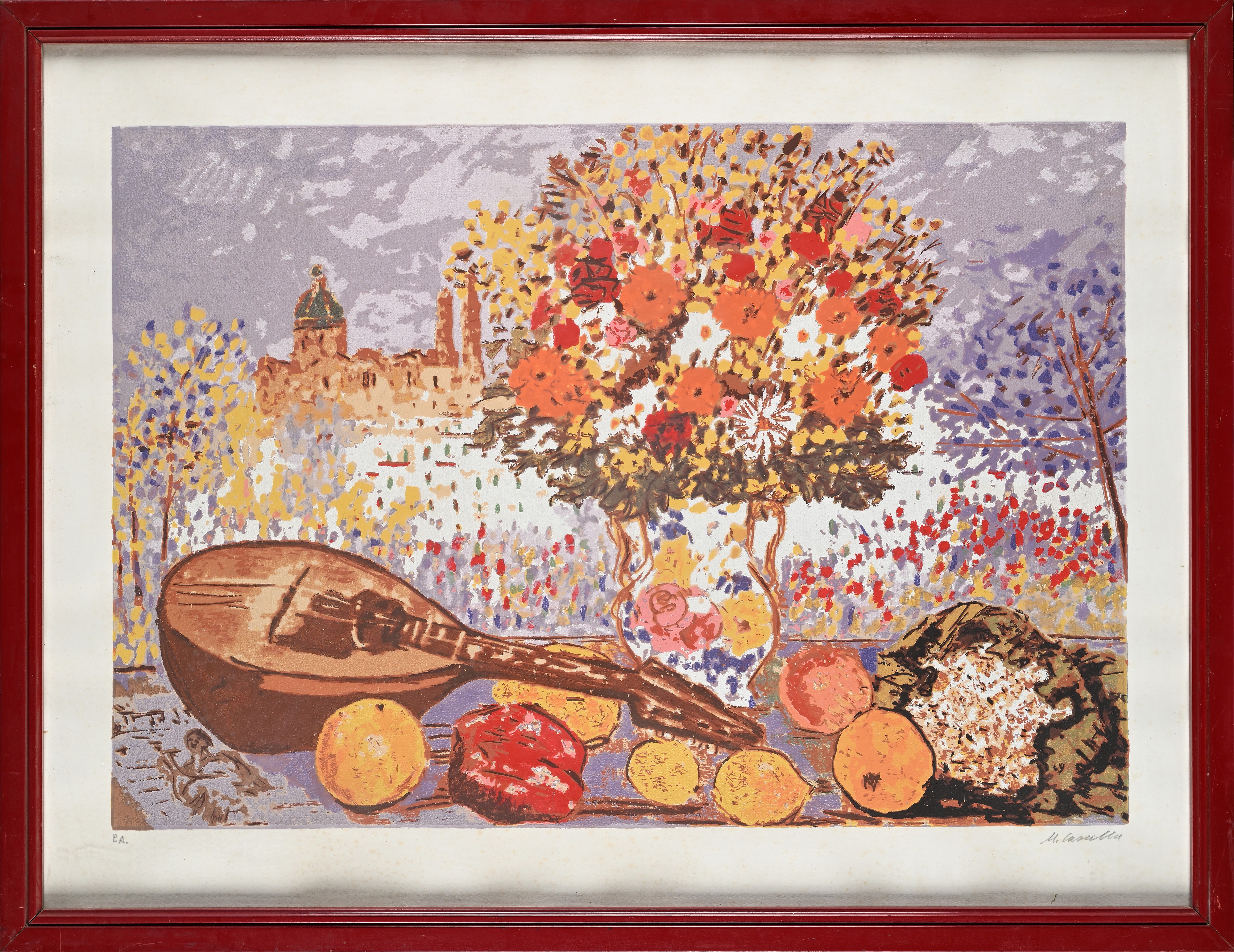 Natura morta con vaso di fiori e mandolino