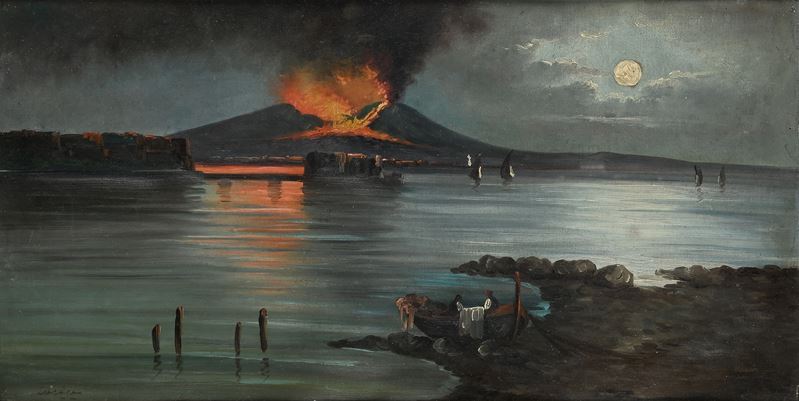 Scuola Napoletana del XX Secolo - Veduta di Napoli con Eruzione Notturna del Vesuvio