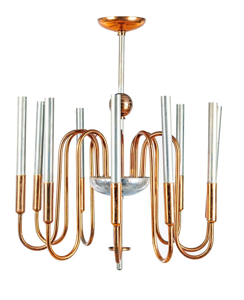Lampadario da Soffitto a Dieci Luci in Metallo e Ottone