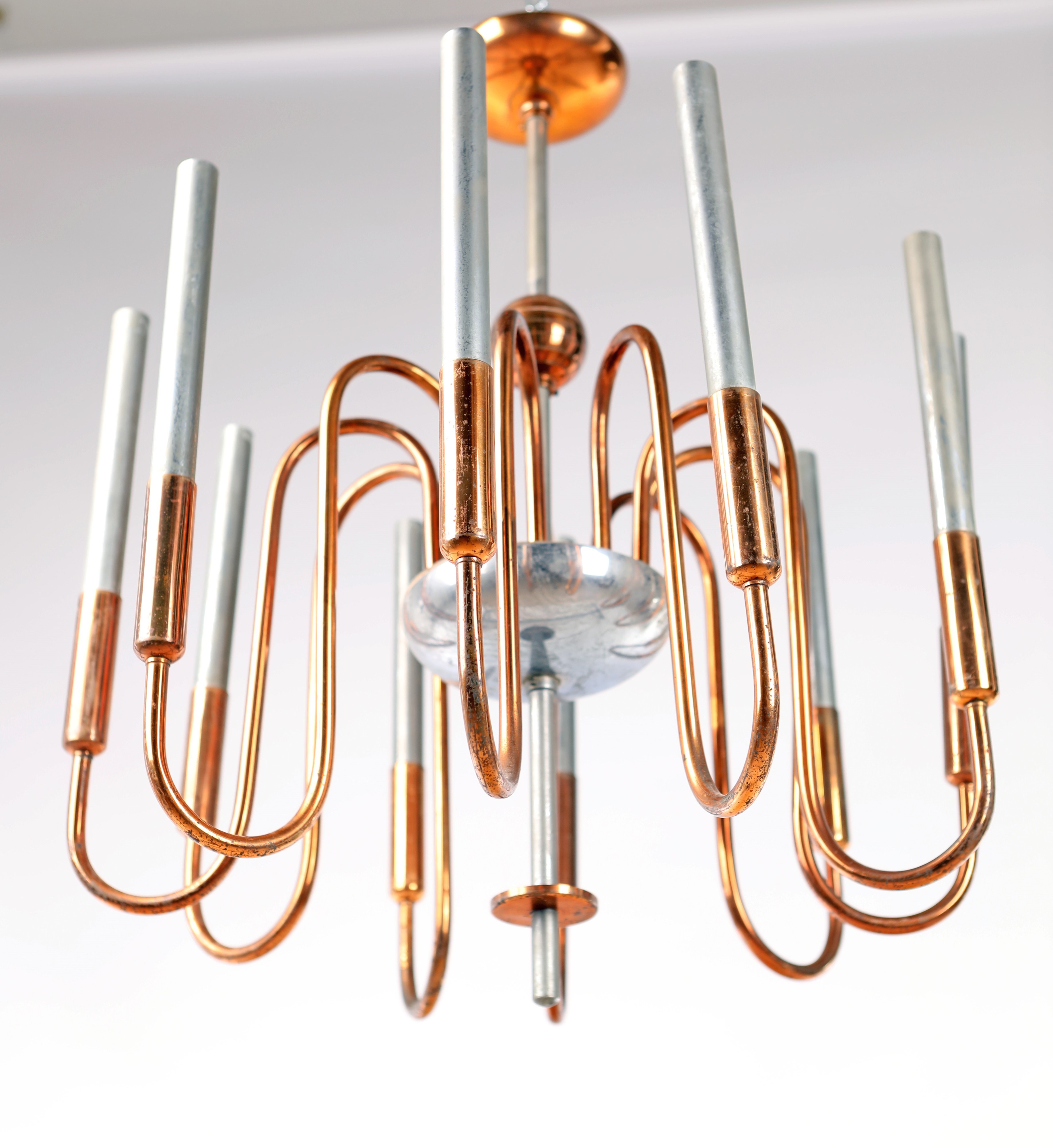 Lampadario da Soffitto a Dieci Luci in Metallo e Ottone