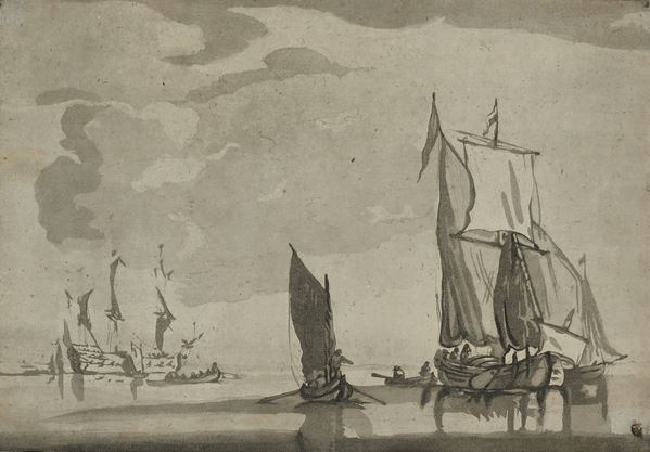 Willem van de Velde il Giovane - Paesaggio con barche