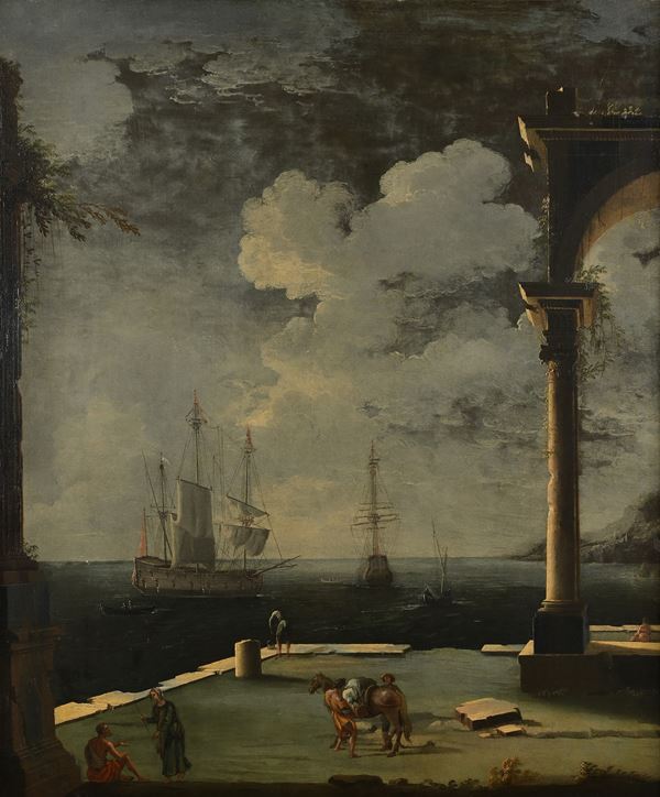 Paesaggio costiero con rudere, figure ed imbarcazioni