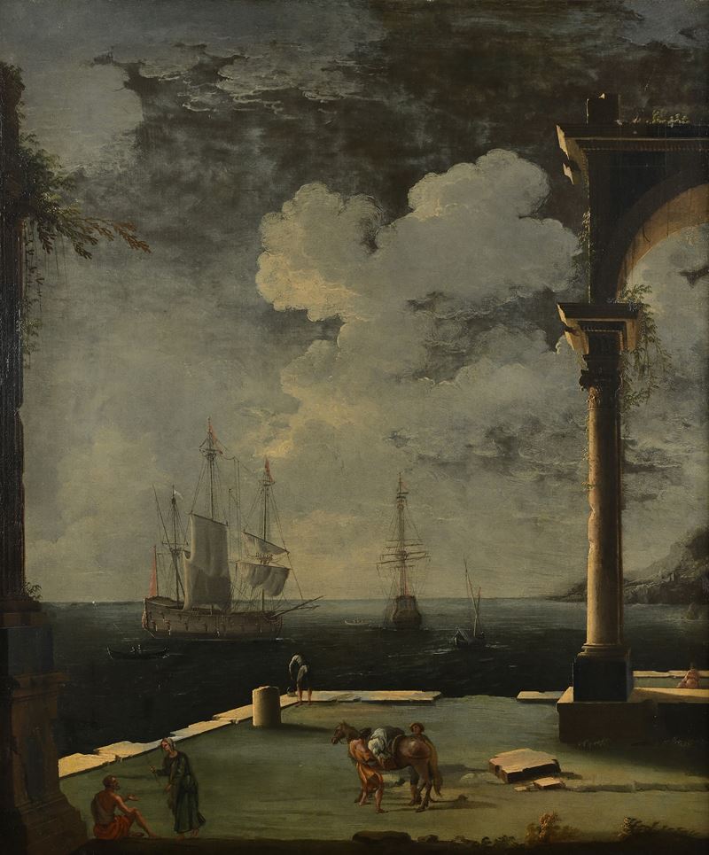 Leonardo Coccorante - Paesaggio Costiero con Rudere, Figure ed Imbarcazioni