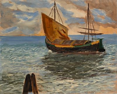 Barca in mare, olio su cartone