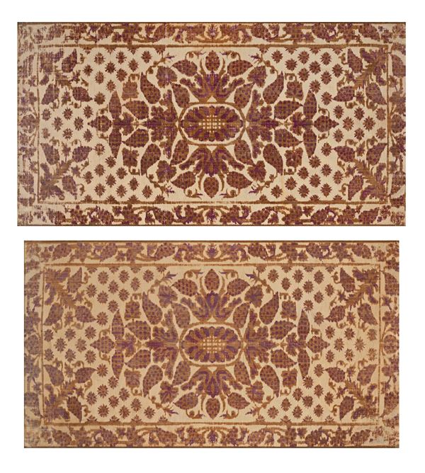 Due antichi esemplari tessili in velluto operato entro cornici in ottone