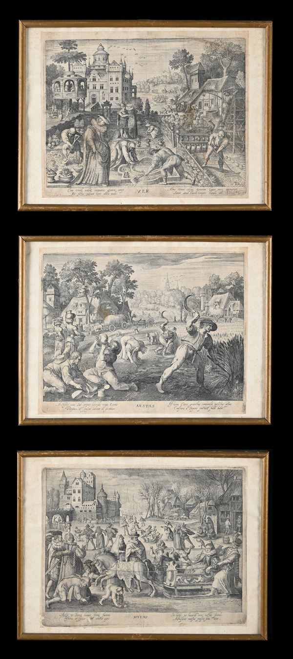 Nicolaes De Bruyn : Allegorie delle stagioni  - tre incisioni incorniciate - Asta Asta a Tempo - Antiquariato: Mobili, Arredi e Porcellane - Casa d'Aste Arcadia