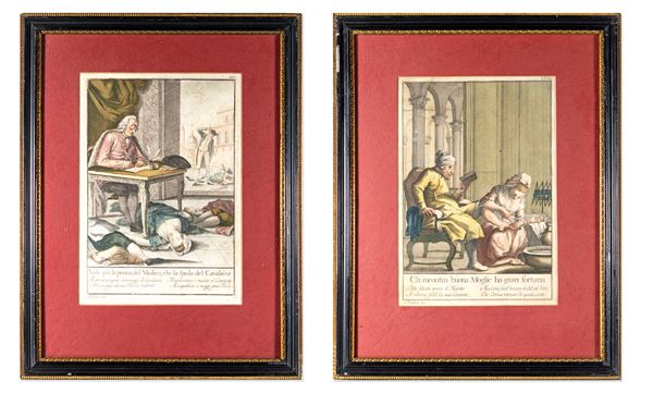 Coppia di incisioni satiriche in cornice, fine del XVIII secolo