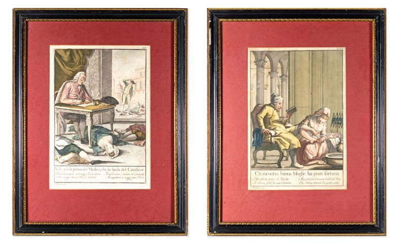 Coppia di incisioni satiriche in cornice, fine del XVIII secolo