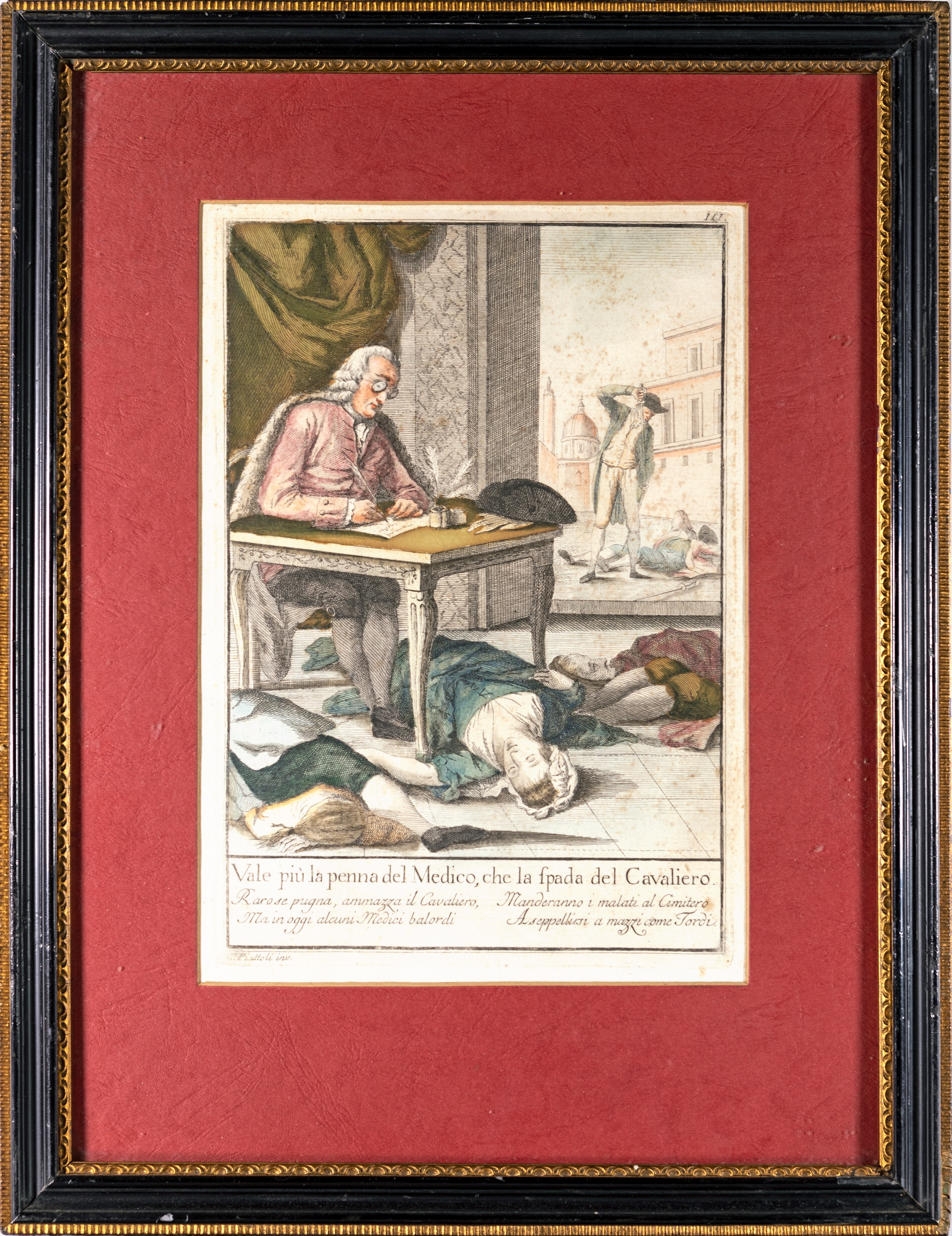 Coppia di incisioni satiriche in cornice, fine del XVIII secolo