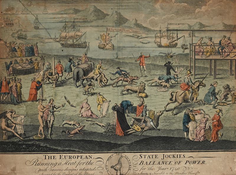 Mappa satirica e politica colorata, Londra 1740