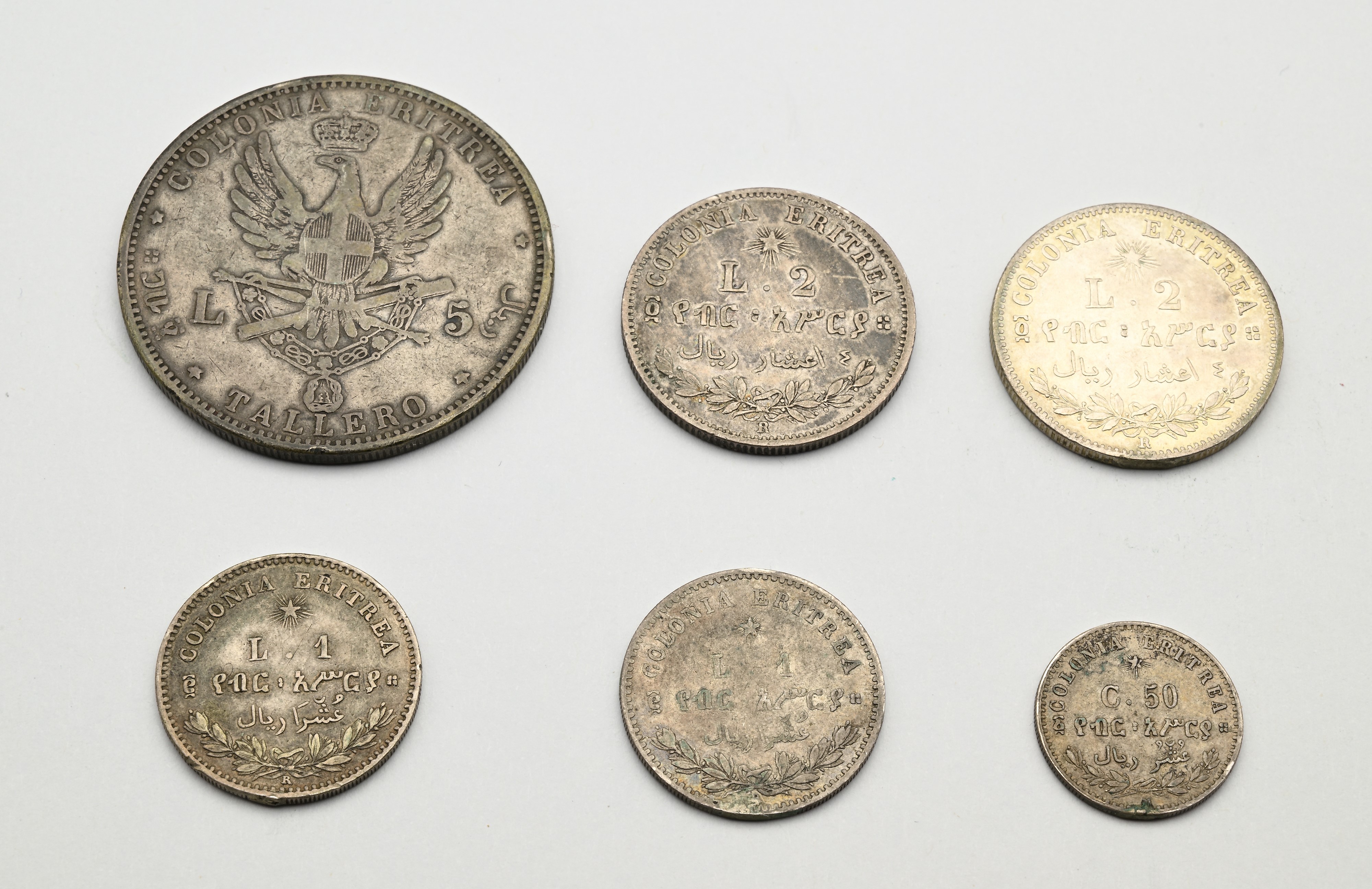 Lotto Colonia Eritrea: Tallero da 5 Lire 1891, 1/4 di Tallero da 2 Lire 1890, 1896, 2/10 di Talle...