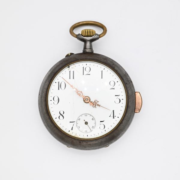 Anonimo - Orologio da tasca ripetizione ore e quarti a richiesta con cassa in acciaio brunito, carica remontoir, scappamento ad ancora con bilanciere monometallico con viti e spirale piana