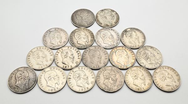Lotto di 17 pezzi da 5 lire 1869M, 1870M, 1871M (2), 1872M (2), 1873M, 1874M (3), 1875M, 1876 (3) e 1877 Vittorio Emanuele II e 1879 (2) Umberto I Regno d'Italia
