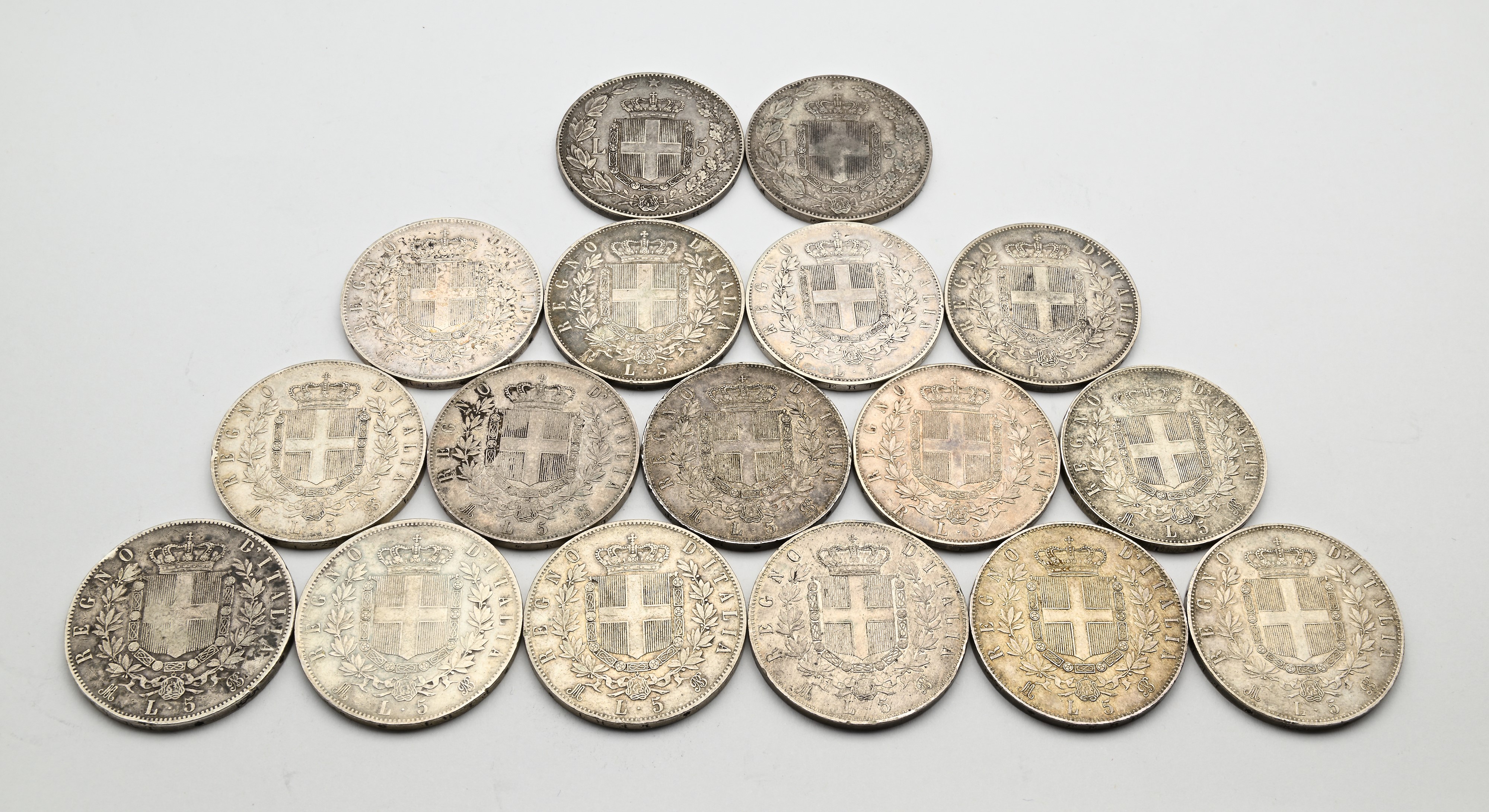 Lotto di 17 Pezzi da 5 Lire 1869m, 1870m, 1871m (2), 1872m (2), 1873m, 1874m (3), 1875m, 1876 (3)...