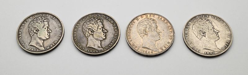 Lotto di 4 Pezzi da 5 Lire Genova 1835, 1844 (2) e 1849 Carlo Alberto Regno di Sardegna