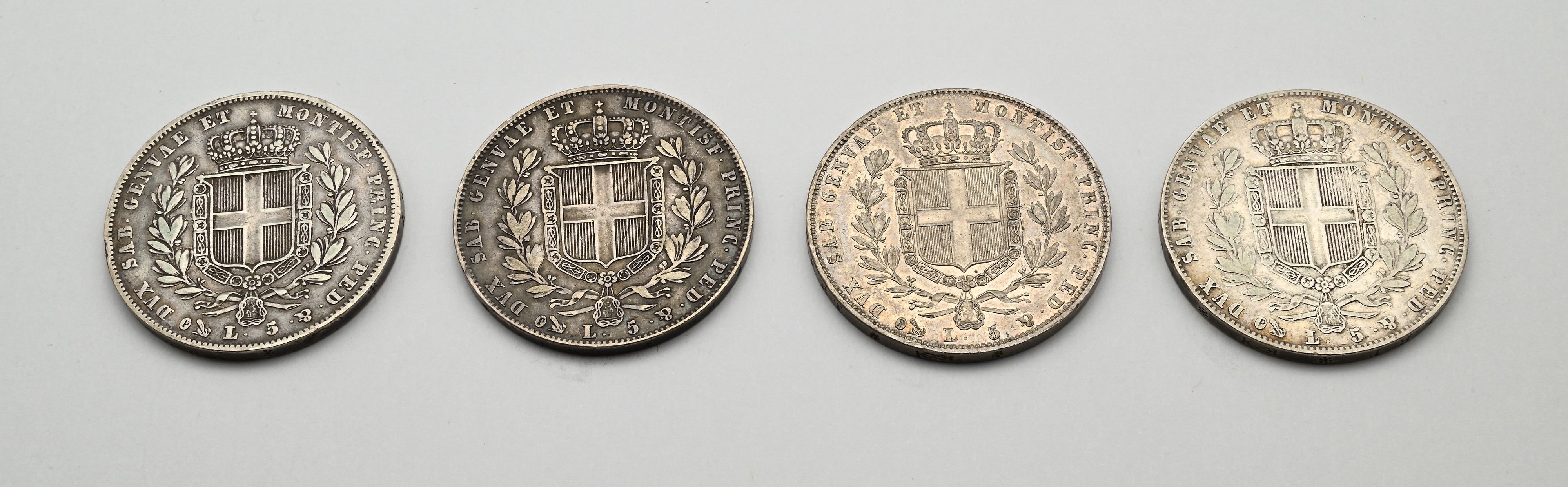 Lotto di 4 Pezzi da 5 Lire Genova 1835, 1844 (2) e 1849 Carlo Alberto Regno di Sardegna