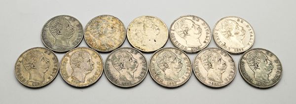 Lotto 2 lire del 1° tipo 1881, 1882, 1883, 1884, 1885, 1886, del 2° tipo 1887, 1897, 1898, 1899 (2) Umberto I Regno d'Italia