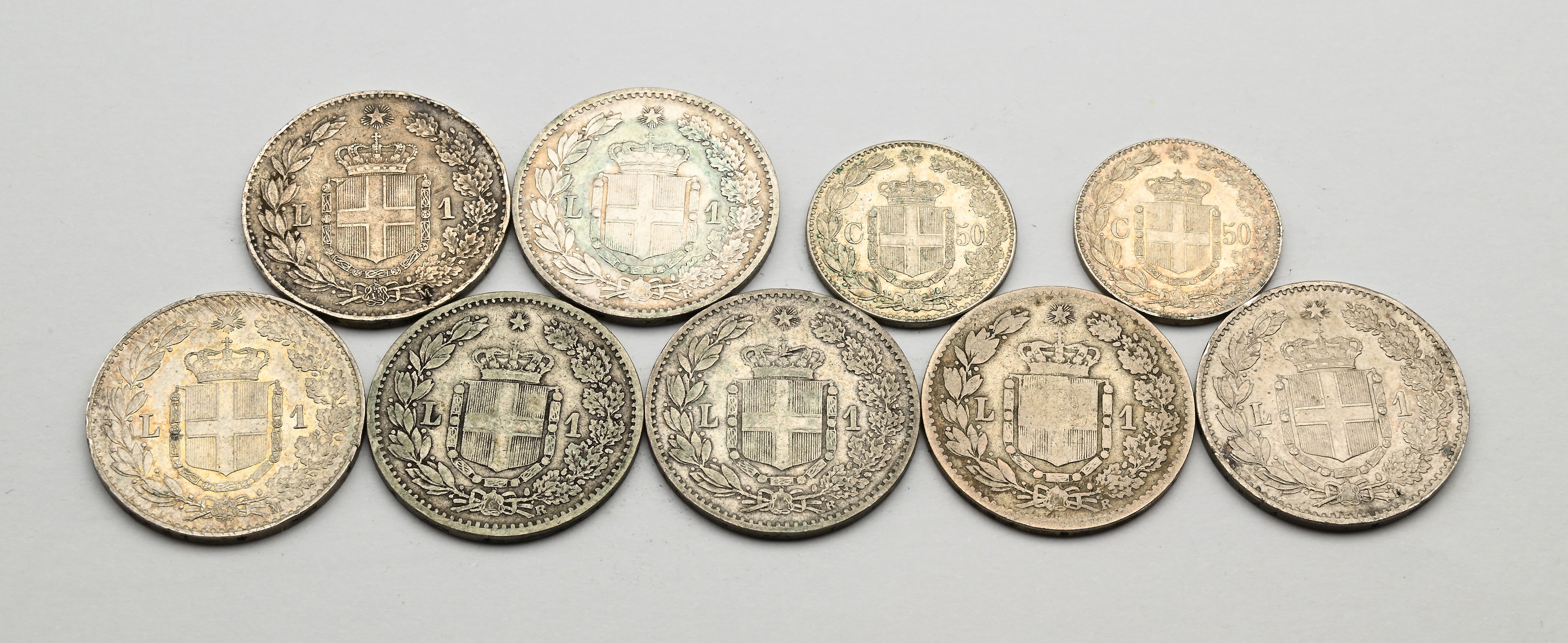 Lotto 1 Lira 1884, 1886 (2), 1887 (2), 1899, 1900; 50 Cts 1889 e 1892 Umberto i Regno D'italia