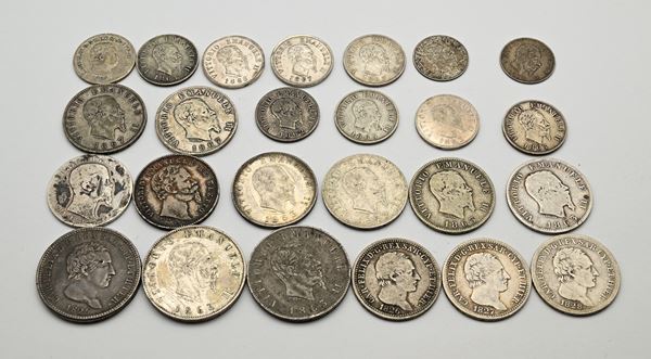 2 Lire 1825T, 1 Lira 1826T, 1827T, 1828T(P), 50 Cts 1827G Carlo Felice, 1 Lira 1856 Vittorio Emanuele II; 1 Lira 2° tipo 1860 Firenze Vittorio Emanuele II Re Eletto; 2 Lire Stemma 1863N, 1863T, 1 Lira Stemma 1863M, 1863T, 1867M, 1867T, 1 Lira Valore 1863M (2), 50 Cts Stemma 1862N, 1863M, Valore 1863T, M e N, 1866M, 1867M e N, 20 Cts Valore 1863T e M Vittorio Emanuele II