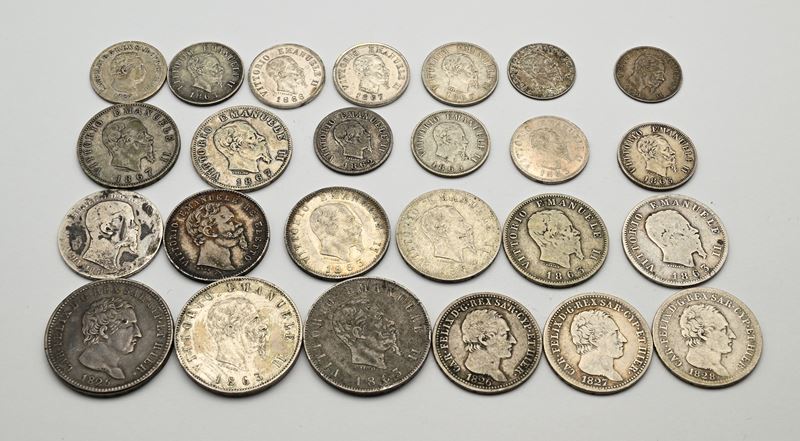 2 Lire 1825t, 1 Lira 1826t, 1827t, 1828t(p), 50 Cts 1827g Carlo Felice, 1 Lira 1856 Vittorio Eman...