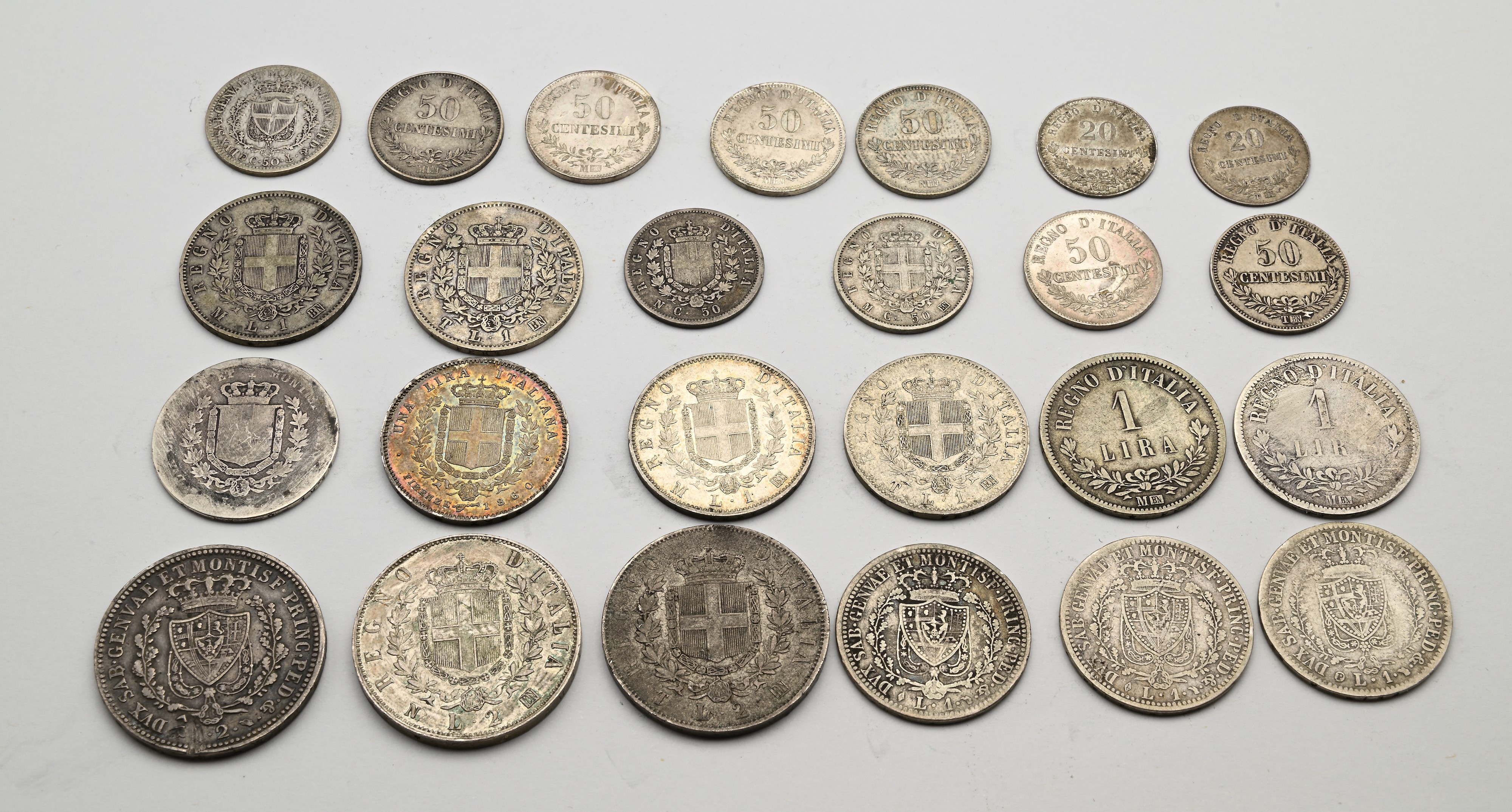 2 Lire 1825t, 1 Lira 1826t, 1827t, 1828t(p), 50 Cts 1827g Carlo Felice, 1 Lira 1856 Vittorio Eman...